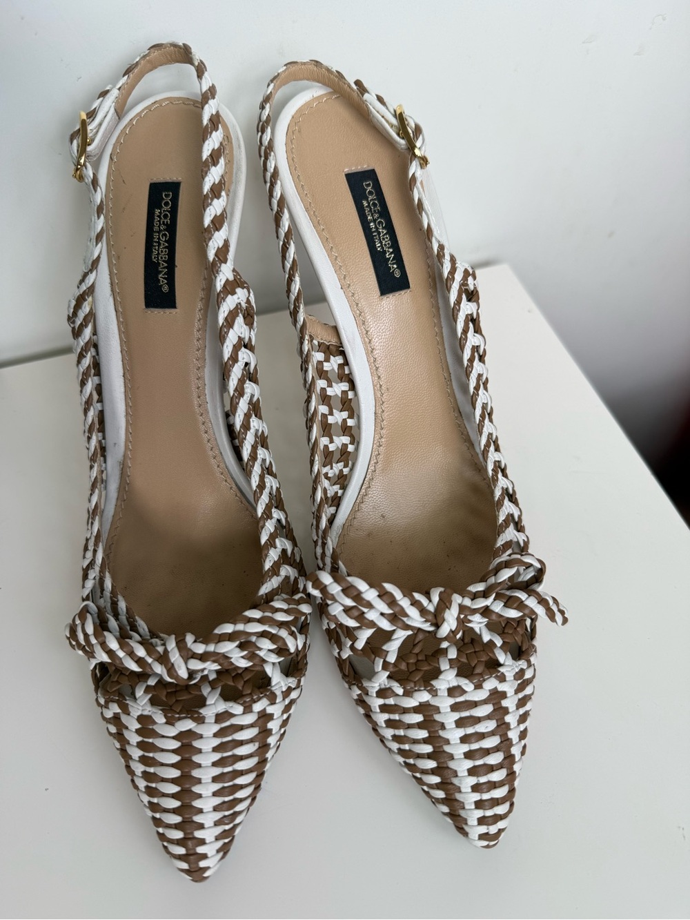 Dolce & Gabbana White and Brown Woven Pointed Slingback Pumps